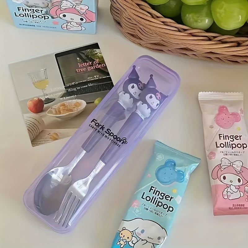 Juego de cubiertos de viaje Sanrio, 2 piezas de acero inoxidable, tenedor y cuchara portátiles