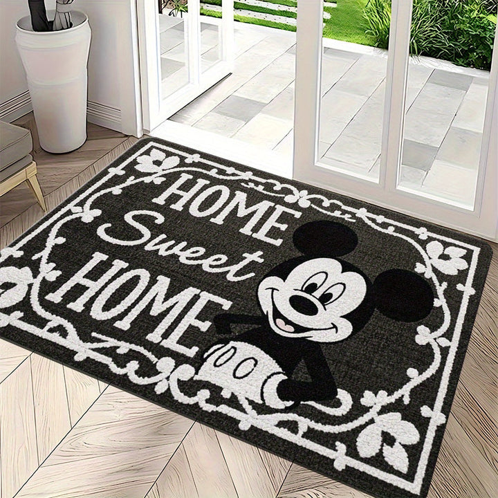 Tapete de entrada "Hogar dulce hogar" de Mickey y Minnie Mouse - Antideslizante, fácil de limpiar, de poliéster, para entrada, dormitorio o baño - Diseño elegante en blanco y negro con detalles florales, alfombra de baño | Tapete con detalles florales |