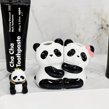 Soporte para Cepillos de Dientes de Cerámica con Diseño de Pandas Lindos, Almacenamiento Ultrasmooth Horneado a Alta Temperatura Sin Taladro para Parejas, Regalo Perfecto Adecuado para la Decoración del Baño