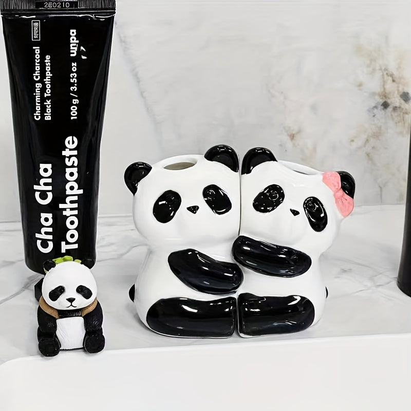 Soporte para Cepillos de Dientes de Cerámica con Diseño de Pandas Lindos, Almacenamiento Ultrasmooth Horneado a Alta Temperatura Sin Taladro para Parejas, Regalo Perfecto Adecuado para la Decoración del Baño