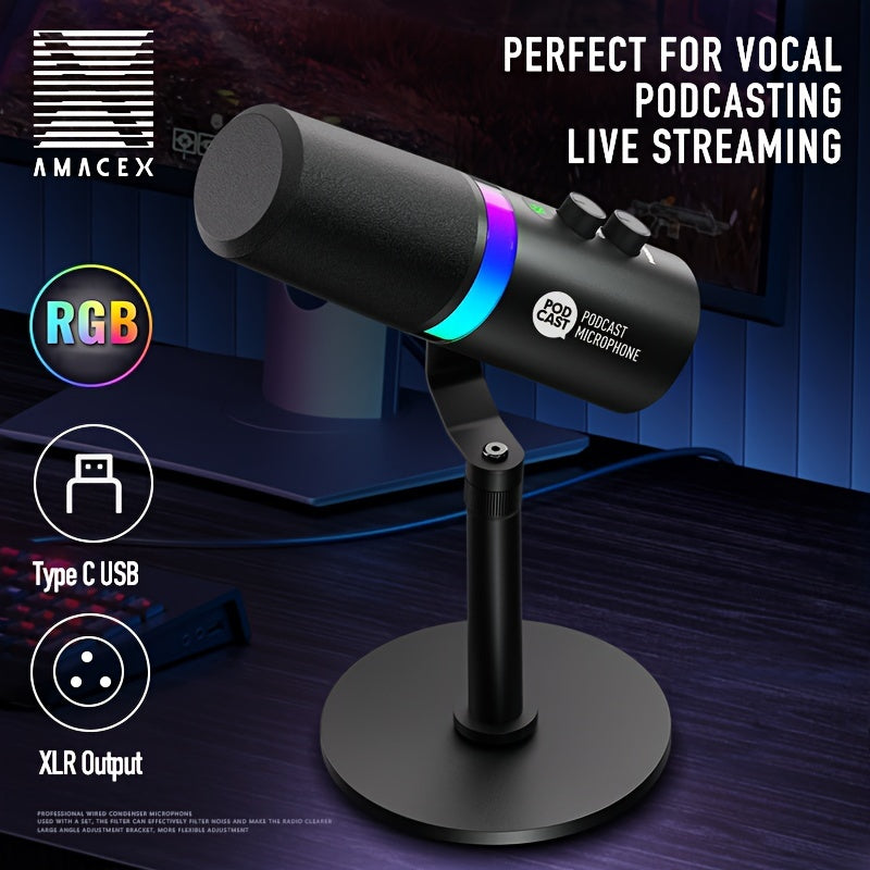 Micrófono Dinámico AmaceX RGB con XLR/USB - Ideal para Podcasting, Gaming, Grabación y Voz en Off | Construcción Metálica con Función de Silencio