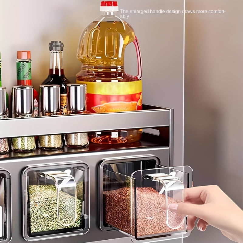 Organizador de especias de acero inoxidable con soporte colgante y frascos - Conjunto de almacenamiento de cocina multifuncional, diseño que ahorra espacio para especias, hierbas y condimentos, organizador y almacenamiento de cocina