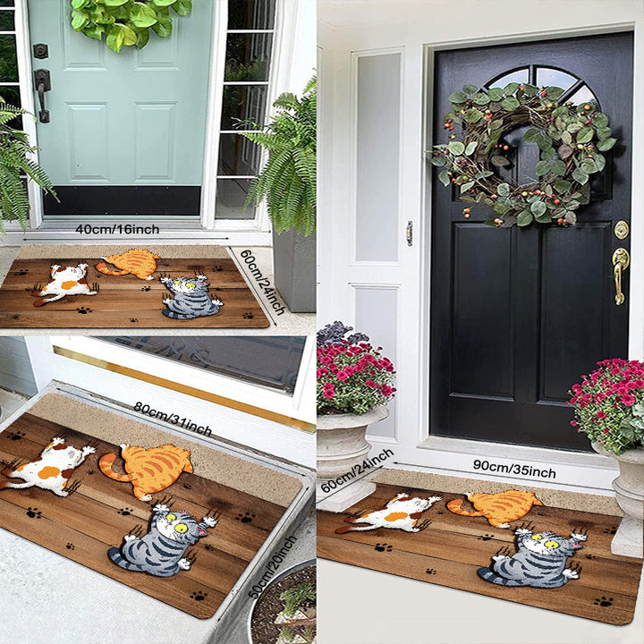 Alfombra de Bienvenida con Patrón de Gatos y Madera Retro Impreso en Poliéster, Suave y de Secado Rápido para Cocina y Ocio, Adecuada para Entrada Interior y Exterior