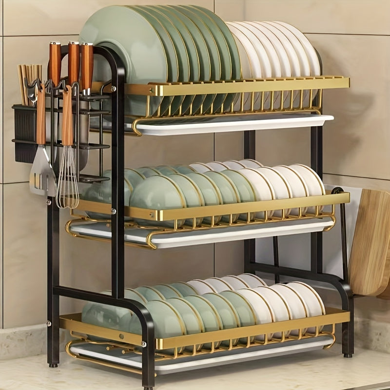 Organizador de Cocina de Tres Niveles con Bandeja de Drenaje – Soporte Multiusos para Utensilios, Cuchillos y Tabla de Cortar, Ahorrador de Espacio, Rack para Encimera y Gabinete, , Esencial en Cada Hogar