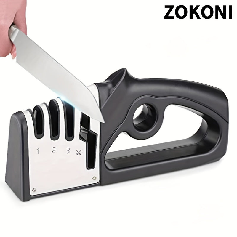 1 pieza de afilador de cuchillos portátil ZOKONI - Precisión de 4 grados, acero de tungsteno y diamante, afilado grueso, medio y fino, mango ergonómico negro para cuchillos de cocina, tijeras, herramientas de jardín - Afilador manual multifuncional, afil