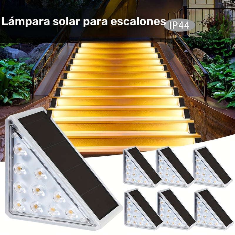 Luces de escalera triangular LED solares de 6 unidades, iluminación de escalera de madera exterior ABS, sconces de jardín cálidos/blancos, acabado pulido duradero, montaje flush, control de interruptor, no desmontable, impermeable, alimentado por energía