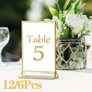 Juego de 6/12 soportes de señalización de acrílico dorado que miden 10,16 cm por 15,24 cm, ideales para números de mesa de bodas, con marcos dobles para mostrar fotos, y que sirven como soportes de menú transparentes o soportes de folletos para bodas, ho