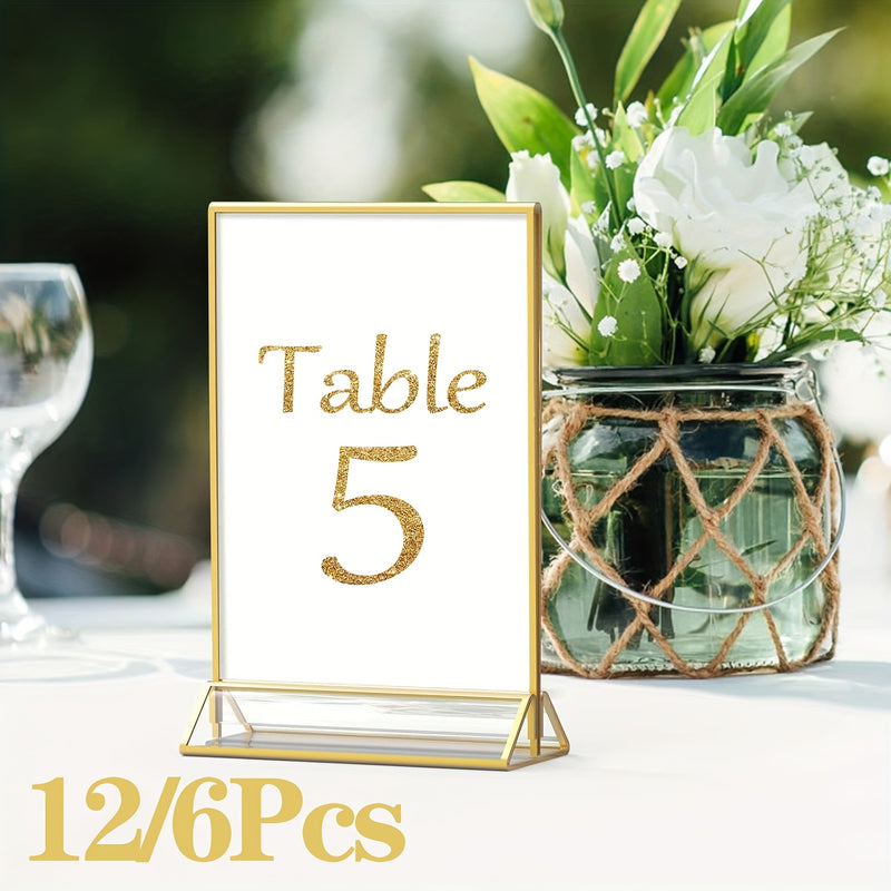Juego de 6/12 soportes de señalización de acrílico dorado que miden 10,16 cm por 15,24 cm, ideales para números de mesa de bodas, con marcos dobles para mostrar fotos, y que sirven como soportes de menú transparentes o soportes de folletos para bodas, ho