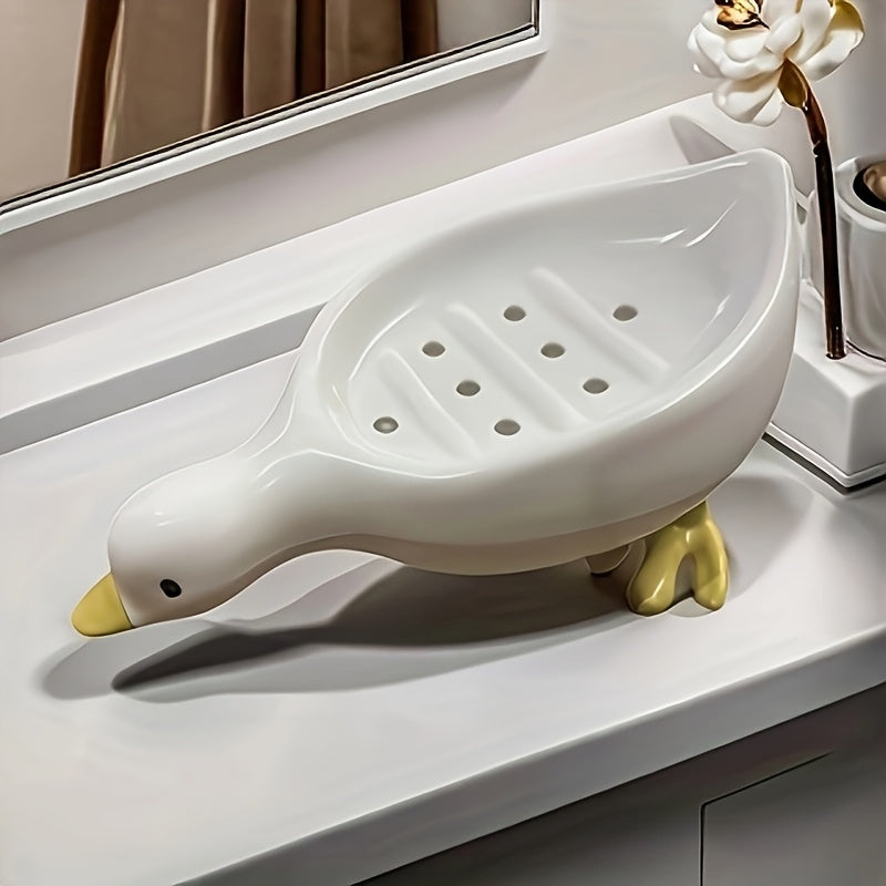 Juego de 1 portajabón con forma de pato y sistema de drenaje automático, bandeja ovalada, blanco con detalles amarillos, accesorio multifuncional para baño, mantiene el jabón seco y limpio, soporte para jabón en barra