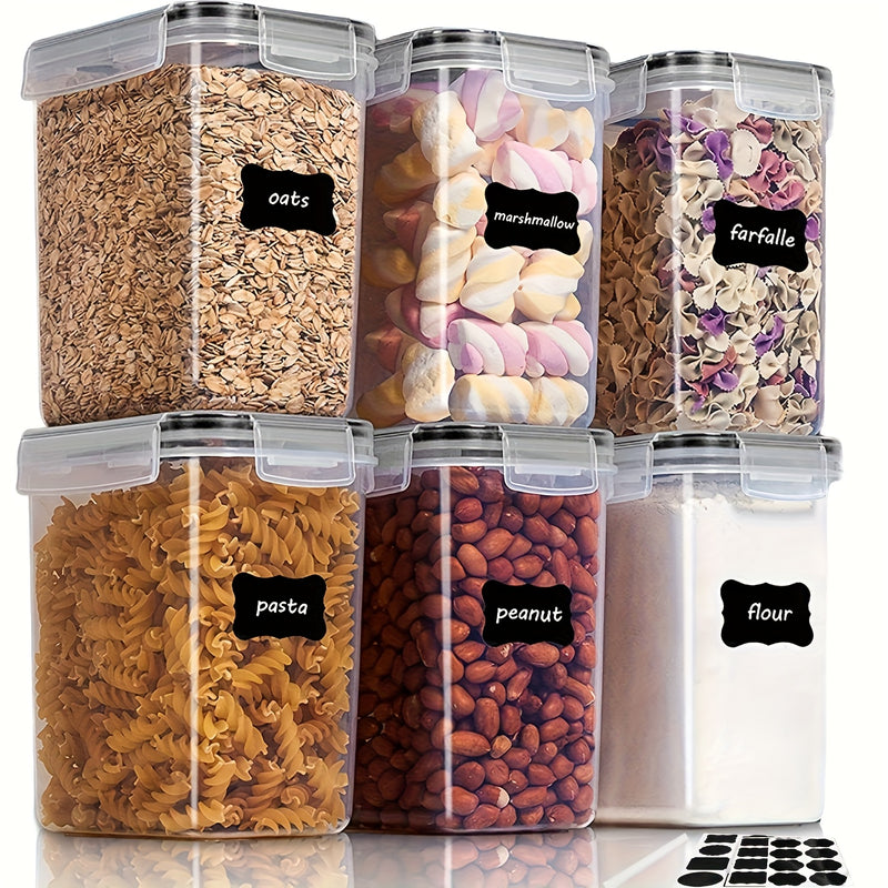 Juego de 6 contenedores de almacenamiento de alimentos herméticos, plástico libre de BPA, 54oz/1.5qt/1.6L, organizadores de cocina multifuncionales para azúcar, harina, pasta, maní, seguros para lavavajillas, incluye etiquetas y marcador