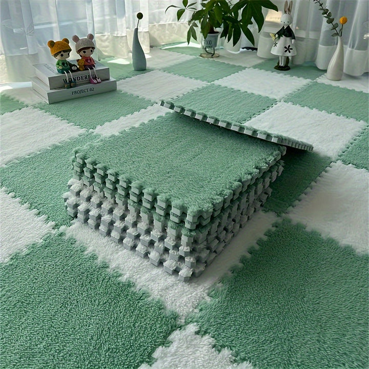 12 piezas Alfombra modular de peluche, gruesa anti-golpe Alfombra de habitación de dormitorio, 29,97 x 29,97 cm, Hecha a máquina de poliéster y EVA, Solo lavado a mano, Decoración de habitación