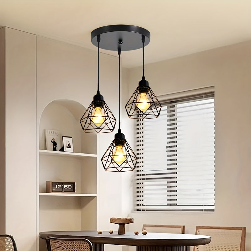 1pc Lámpara Colgante de 3 Luces de Inspiración Industrial, Base E27, Metal Negro con Diseño de Jaula Geométrica - Ideal para Cocina, Comedor, Bar, Iluminación de Dormitorio (Bombillas No Incluidas), Decoración de Cocina