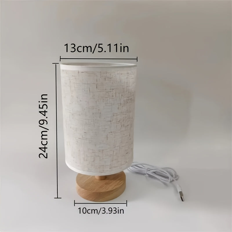 Linterna de escritorio estilo nórdico moderno con tela de lino, luz cálida y ambiental, base de madera, alimentación USB - ideal para decoración del hogar y sala