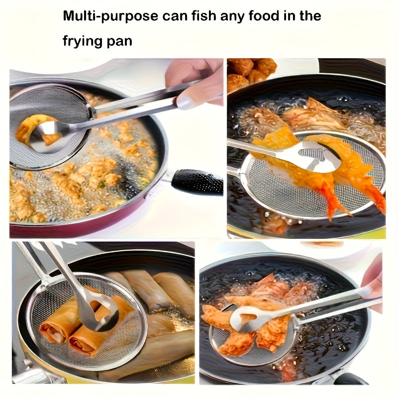 Pinza de filtrado para freír, pinza para cucharada de desagüe de alimentos, espátula de alimentos para freír de acero inoxidable, pinza de colador de cocina, herramienta de freír de acero inoxidable resistente a altas temperaturas para todas las estacion