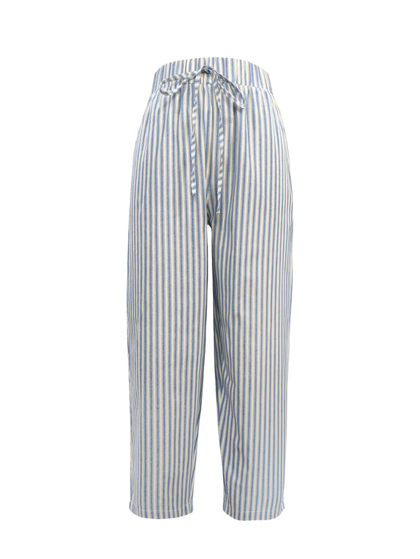 Pantalones de mujer 100% algodón, con cintura elástica y rayas, tobilleros, suaves y transpirables, casuales para vacaciones, con bolsillos, lavables a máquina, para primavera, verano y otoño, ropa de viaje, corte relajado, cómodos, con bolsillos, ideale