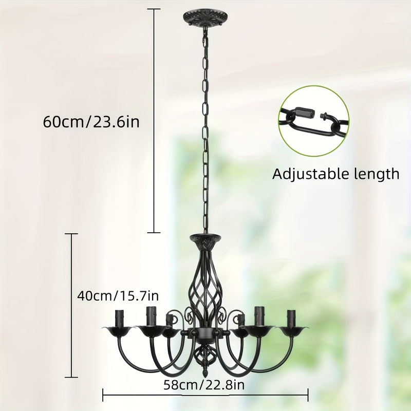 Lámpara colgante estilo granja con diseño industrial rústico, acabado negro mate, candelabro de metal de 5 brazos para dormitorio, pasillo, cocina, comedor, bar o entrada, base para focos E14 (focos no incluidos), luz para comedor | Estética industrial |