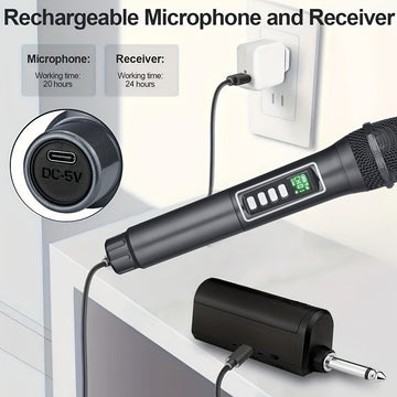 Micrófono inalámbrico negro, 2,4 GHz, sin cables, recargable por USB con batería, con enchufe de 6,35 mm, 4 efectos de cambio de voz, control de volumen, todo recargable, para actuaciones en vivo, conciertos, karaoke, estudios de grabación.