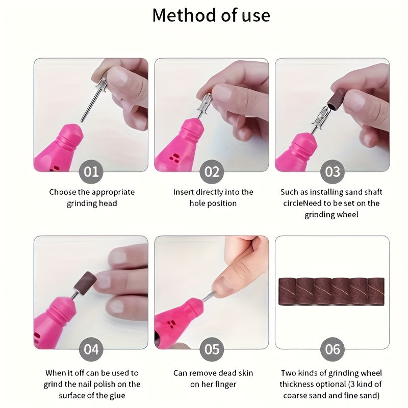Kit eléctrico de lima y pulidor de uñas - Rosa, juego de herramientas para cuidado de uñas con USB y 4 accesorios, para manicura profesional en casa o salón, taladro para uñas