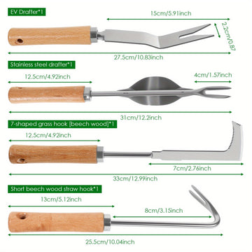 Juego de 4 Herramientas para Deshierbar Acero Inoxidable con Mango Ergonómico de Madera, Set Multiusos para Jardinería y Transplante