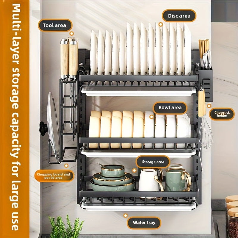 1 pieza, soporte de almacenamiento de cocina de pared de metal de alta resistencia sin perforación con jaula para palillos, soporte de tablero de cuchillos y ganchos - Ideal para almacenar cubiertos, condimentos, tazas y más, organizadores y almacenamien