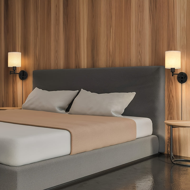 Conjunto de 2 apliques de pared con brazo oscilante y pantalla de lino moderna, lámpara de pared desmontable de metal con base E26 para sala de lectura, sala de estar - Enchufe estadounidense, 110V-130V, incluye herrajes de instalación
