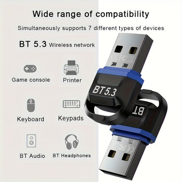 Adaptador inalámbrico USB BT 5.3 - Compatible con PC, auriculares, teclado, ratón y altavoces - No se necesita batería, función inalámbrica instantánea para Windows 11/10/8.1, compatibilidad automática con dispositivos 5.3/5.2/5.1/5.0/4.2/4.1/4.0, conect