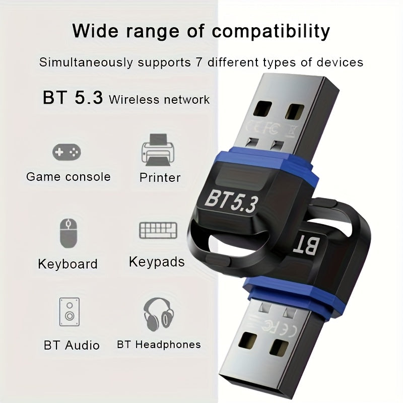 Adaptador inalámbrico USB BT 5.3 - Compatible con PC, auriculares, teclado, ratón y altavoces - No se necesita batería, función inalámbrica instantánea para Windows 11/10/8.1, compatibilidad automática con dispositivos 5.3/5.2/5.1/5.0/4.2/4.1/4.0, conect
