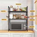 Estante expandible de 2 niveles con ganchos para microondas, soporte metálico para cocina, ideal para pan, repisa de microondas y almacenamiento multipropósito