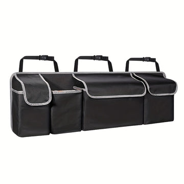 Organizador de maletero de coche con 4 bolsillos y 3 tapas separadas - Accesorios de carga plegables, material duradero de poliamida, almacenamiento multi-cámara para asiento trasero y maletero, organización de vehículos, cierre de cremallera seguro