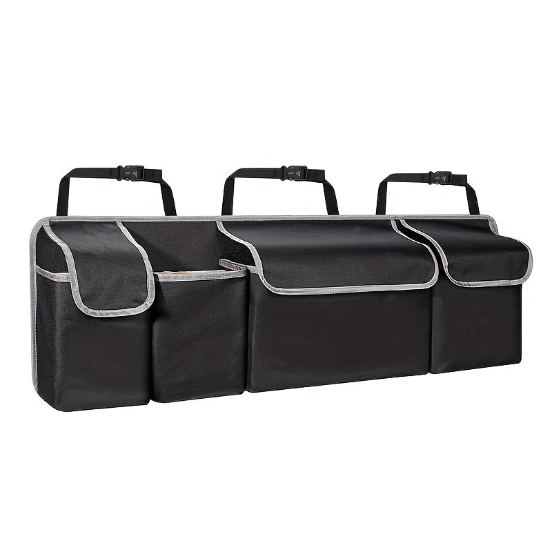 Organizador de maletero de coche con 4 bolsillos y 3 tapas separadas - Accesorios de carga plegables, material duradero de poliamida, almacenamiento multi-cámara para asiento trasero y maletero, organización de vehículos, cierre de cremallera seguro