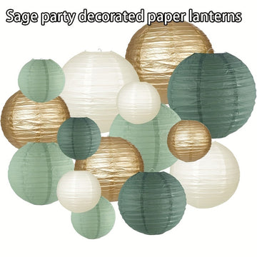 Conjunto de 15 faroles de papel verde salvia - Decoraciones colgantes de varios tamaños para bodas, despedidas de soltera, cumpleaños, fiestas - Decoración navideña, de Acción de Gracias, de San Valentín - No se necesita electricidad