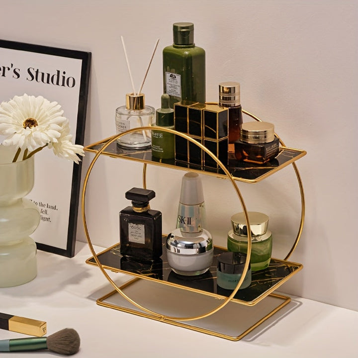 Organizadores de Maquillaje. Estante de baño hecho de hierro con estructura circular de doble capa y gran capacidad, ideal para colocar en el tocador. Su diseño elegante mejora la orden del espacio.