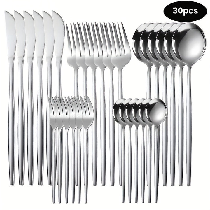 30 piezas de cubiertos de acero inoxidable - Elegantes utensilios pulidos a espejo, cuchillos para carne, tenedores y cucharas de alta calidad, aptos para platos principales y postres.