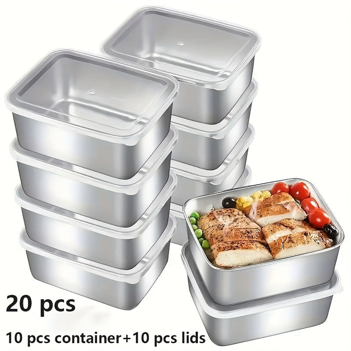 Juego de 20 Recipientes para Alimentos de Acero Inoxidable, Caja Multifuncional con 10 Contenedores + 10 Tapas Antiderrames Apilables, Reutilizable para Camping, Reuniones Familiares y Uso en Oficina o Escuela