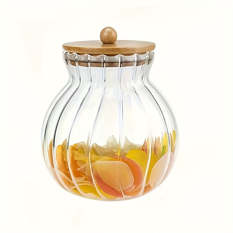 1 frasco de vidrio rayado con tapa de bambú - Contenedor multiusos reutilizable para pan, galletas, dulces, té y condimentos