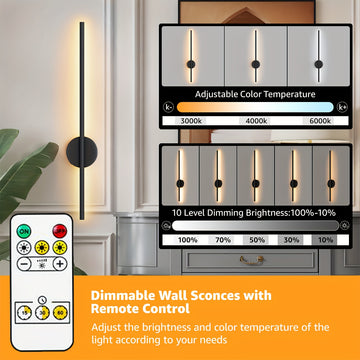 Lámpara de pared recargable tipo C de 50 cm, negra, con control remoto, regulable, función de apagado automático, montaje magnético, ideal para dormitorios, estudios, salas de estar y escaleras, fácil instalación