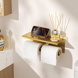 Soporte de papel higiénico de acero inoxidable con estante, diseño de doble cabeza, acabado cepillado, ahorro de espacio para baño, dorado, accesorio de inodoro.
