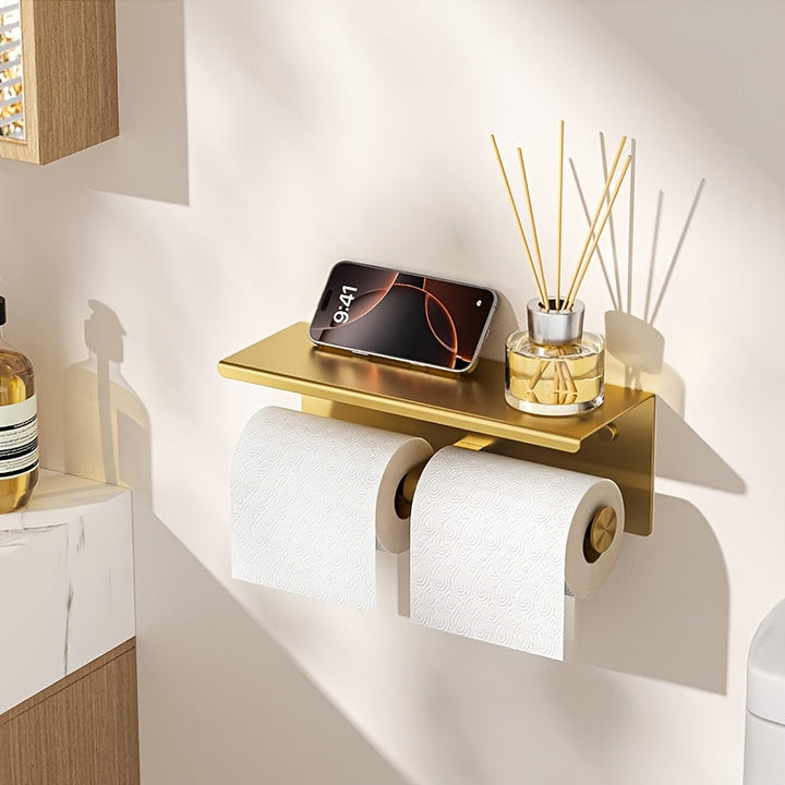 Soporte de papel higiénico de acero inoxidable con estante, diseño de doble cabeza, acabado cepillado, ahorro de espacio para baño, dorado, accesorio de inodoro.