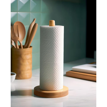 Juego de soporte de pañuelos simples - un dispensador de madera independiente para cocina y baño, con un soporte redondo de 24,38 cm de altura y un diámetro de base de 7,62 cm, diseñado para instalación autoadhesiva.