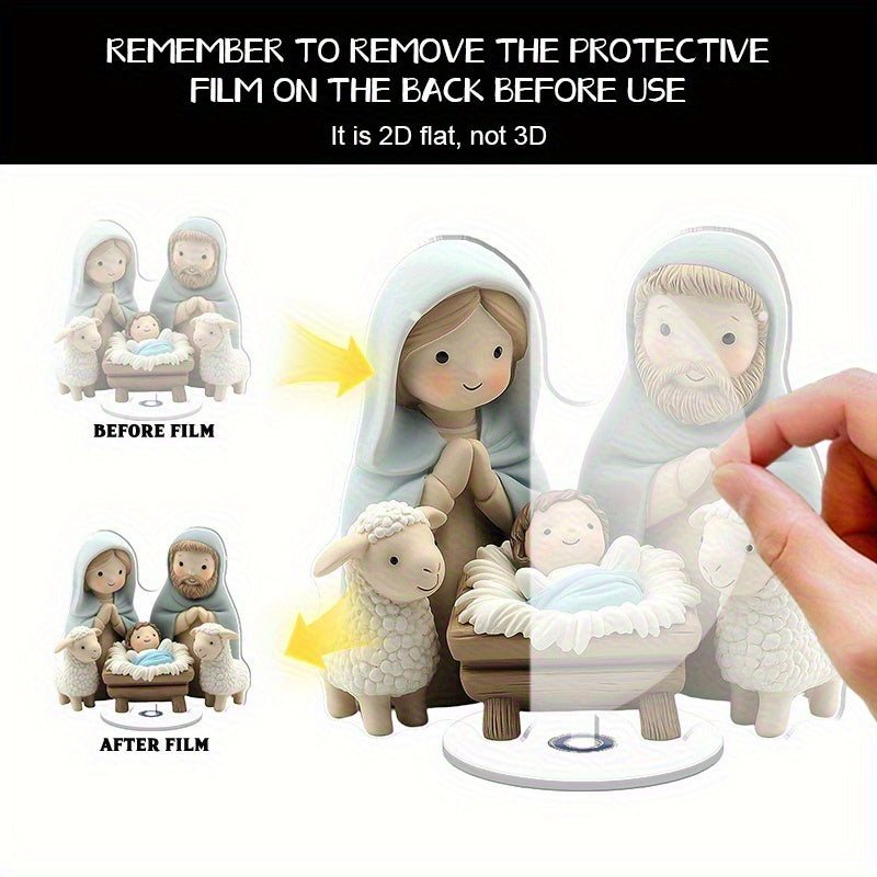 Decoración navideña de mesa 2D acrílica plana con diseño sereno de María, José y el niño Jesús junto a ovejas - ideal para decoraciones familiares en interiores y exteriores, regalos festivos perfectos para Navidad