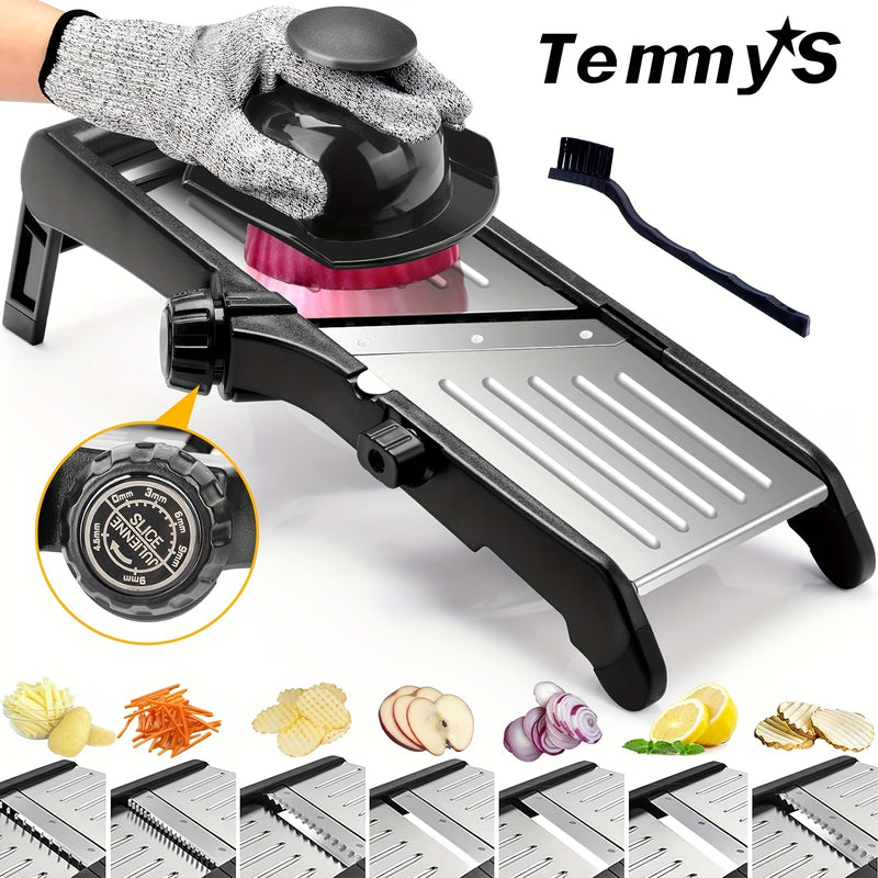 Picadora y Cortador de Verduras Manual TEMMYS con Cuchillas Ajustables de Acero Inoxidable - Rallador Multifuncional para Frutas, Papas, Tomates, Cebollas - Incluye Cepillo de Limpieza, , Esenciales de Cocina