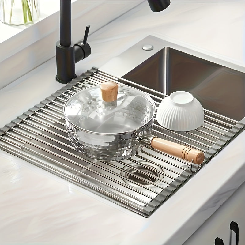 SunCleanse Armario de secado de platos enrollable con 15 tubos - Secador de platos de acero inoxidable multifuncional sobre el fregadero, 43cm x 30cm, Diseño plegable y colapsable, Ideal para encimeras de cocina, Portátil y versátil soporte de tazas, Arm