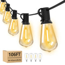 Luces de cuerda ST38 para exteriores, 106 pies, 50+4 bombillas LED regulables, resistentes al agua, amarillo brillante 2700K, enchufe US 110-130V, candelabro semiempotrado para patio, bistro, fiestas, bodas, jardín, gazebo, terraza, porche - No requiere