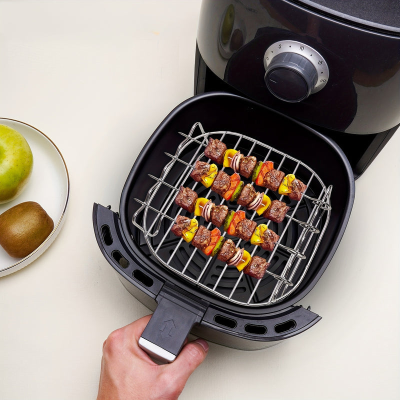 Set de accesorios para freidora de aire de acero inoxidable con rejilla de doble capa, soporte para brochetas y soporte para vaporera, incluye 4 brochetas, kit de freidora de aire duradero y multifuncional