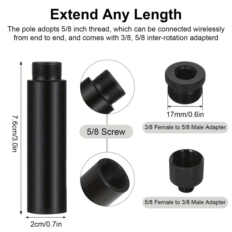 4 piezas de tubos extensores para micrófono y 4 adaptadores de rosca (3/8 pulgada hembra a 5/8 pulgada macho y 5/8 pulgada hembra a 3/8 pulgada), adaptadores para trípode, soporte de micrófono y cámara