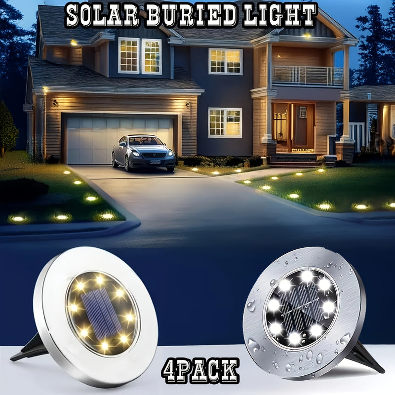 Paquete de 4 Lámparas Solares para Suelo, Lámparas de Paisaje Exterior, 8 Lámparas Solares con LED, Lámparas de Disco Solar, Iluminación para Jardín y Pasillos, Luz para Césped y Caminos en Patios