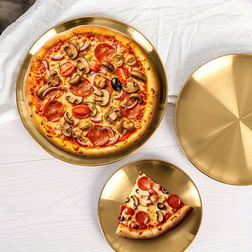 Bandeja de Servir de Acero Inoxidable Dorado Versátil - Perfecta para Pizza, Postres, Bistec y Más - Ideal para Navidad, Halloween, Pascua, Reuniones de Acción de Gracias - Bandeja Redonda Segura para Alimentos para Uso en Casa, Cocina, Restaurante