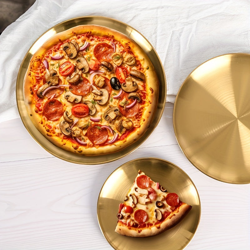 Bandeja de Servir de Acero Inoxidable Dorado Versátil - Perfecta para Pizza, Postres, Bistec y Más - Ideal para Navidad, Halloween, Pascua, Reuniones de Acción de Gracias - Bandeja Redonda Segura para Alimentos para Uso en Casa, Cocina, Restaurante