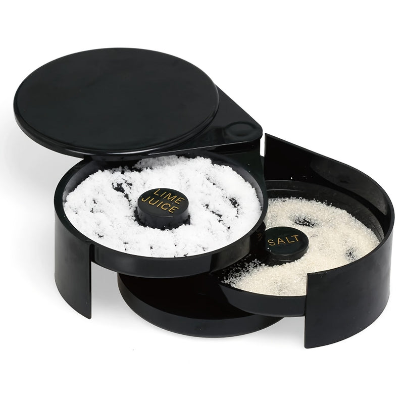 Caja de condimentos para cócteles de 3 niveles en plástico negro - Margarita, sal, azúcar y jugo, con tazas medidoras y tapas para bar en casa