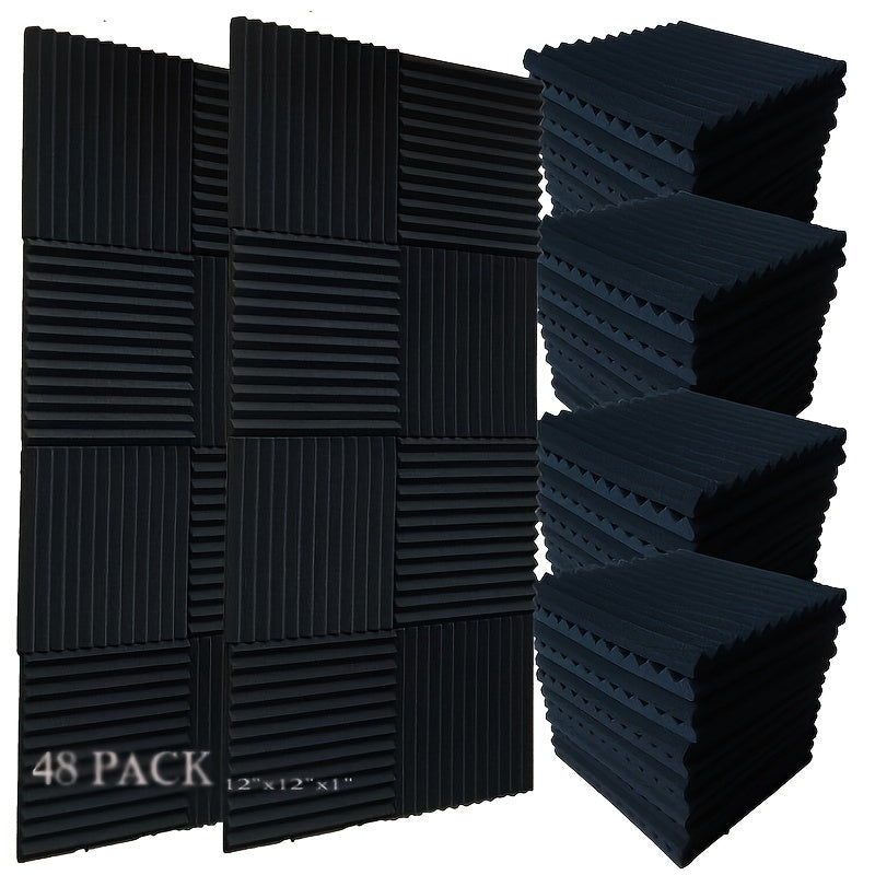 Conjunto de 48 Paneles de Pared Insonorizantes de Espuma Negra para Estudio, 12"x12"x1" - Espuma de Alta Densidad para Grabación y Absorción del Sonido, Ideal para Músicos